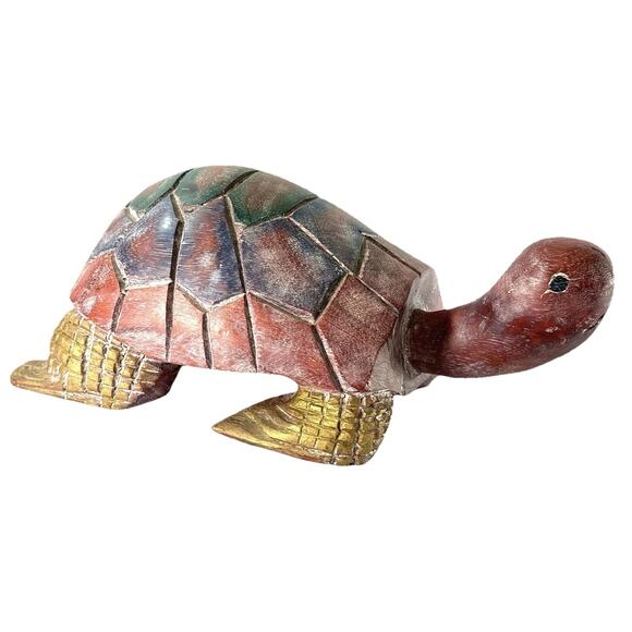 Hand-Carved Wooden Turtle Figurine 13” Painted Folk Art Animal Sculpture - Picture 1 of 7